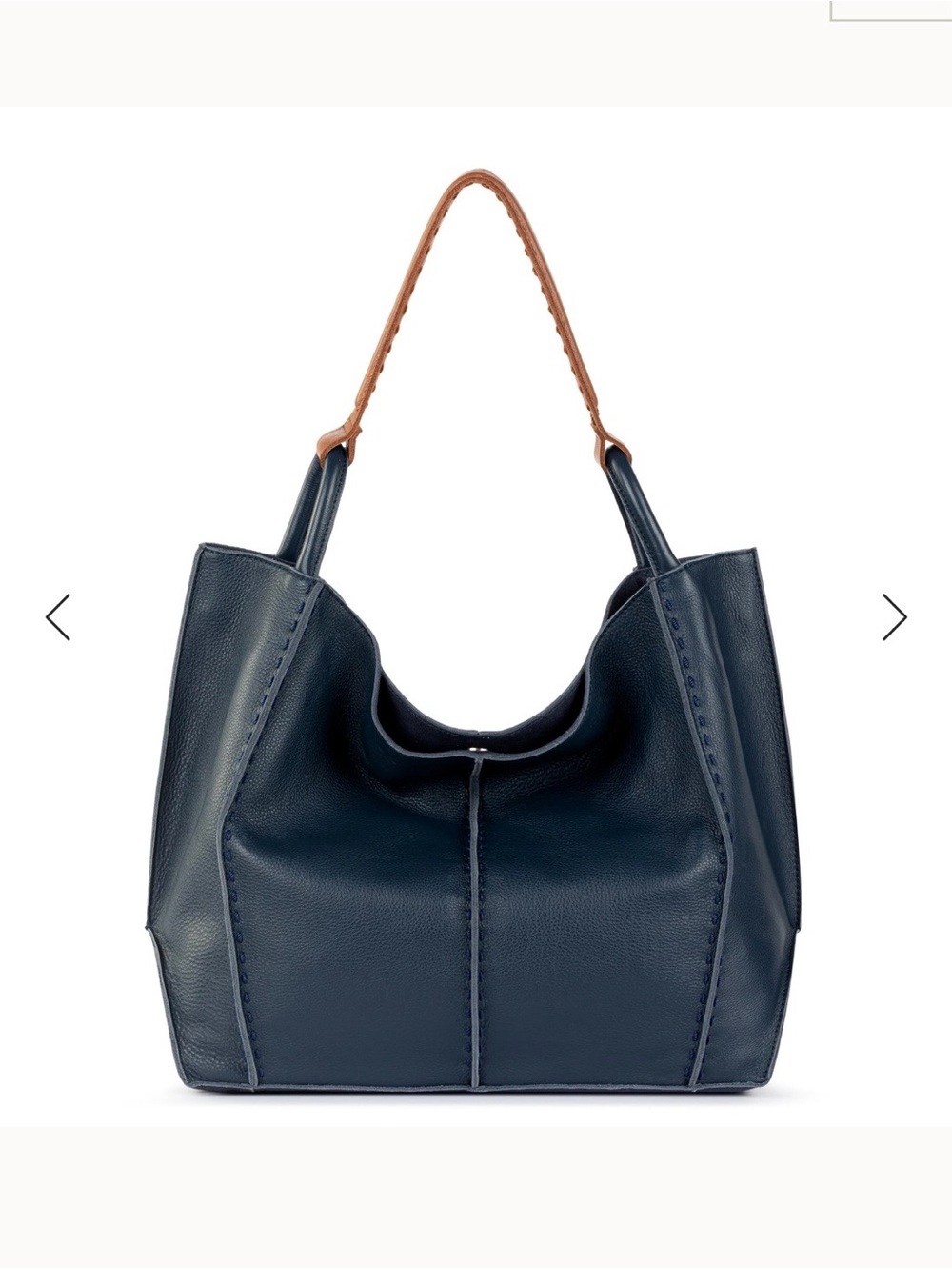 The Sak Large Los Feliz Navy Leather Shoulder Bag with Brown Straps
